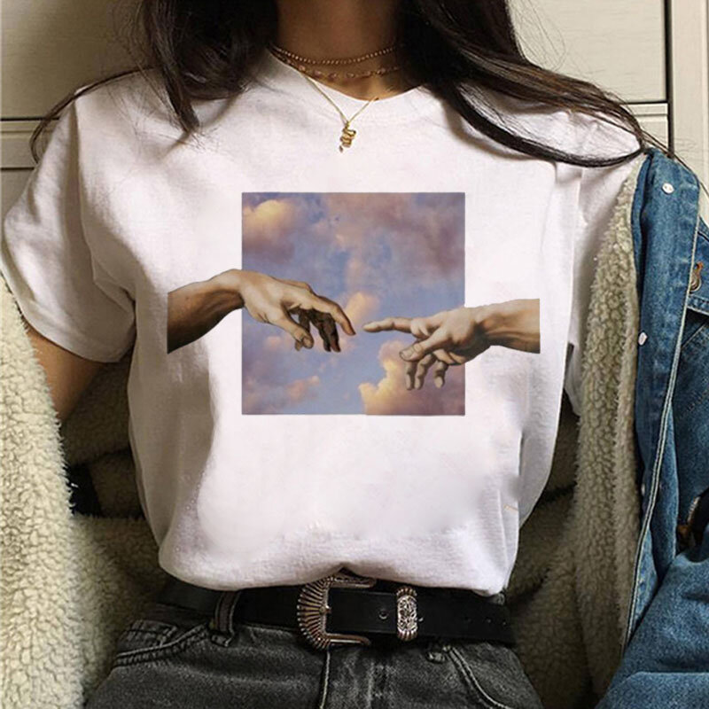 Michelangelo ręce nadruk z różą T-Shirt kobiety czarna koszulka damska moda estetyczne topy koszulka damska z lat 90. Koszulki z okrągłym dekoltem Harajuku