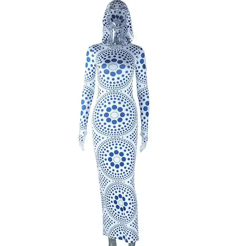 461011001 модное облегающее платье в горошек с капюшоном и длинными рукавами, обтягивающее уличное модное женское платье