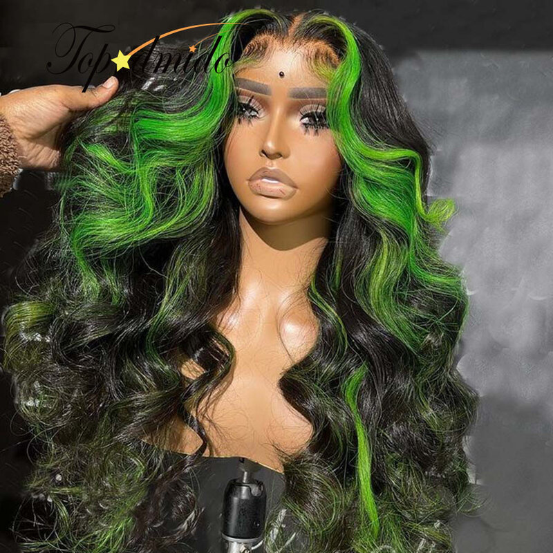 Topodmido – perruque Lace Closure Wig péruvienne naturelle, cheveux humains, sans colle, 4x4, 13x6, à reflets verts, avec Baby Hair