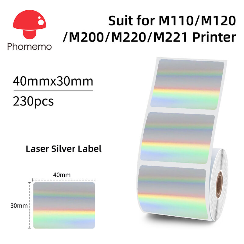 Papier adhésif étanche pour imprimante d'étiquettes, autocollant thermique, laser, argent, 40x30mm, Phomemo M110, M120, M200, M220, M221