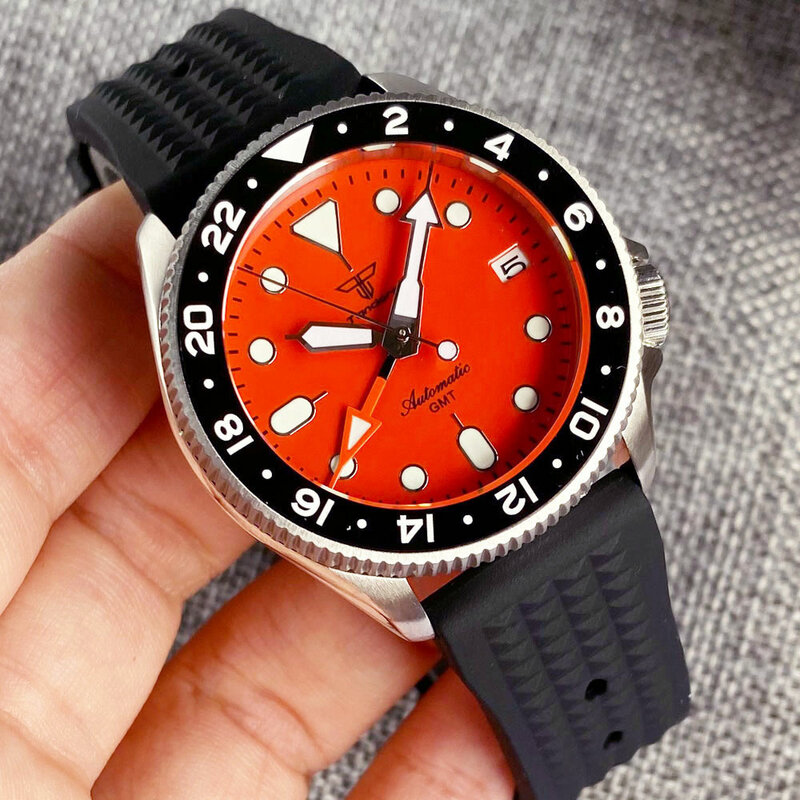 Tandorio NH34 GMT 37mm นาฬิกาผู้ชายอัตโนมัติหน้าปัดสีส้ม20ATM 24ชั่วโมงกันน้ำ3.8มงกุฎวาฟเฟิลสายเหล็กนาฬิกาสป...