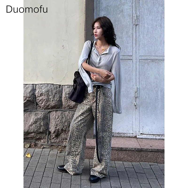Duomofu-Jeans com lavagem leopardo americano para mulheres, rua retrô Y2K, gostosa, solta, estilo coreano, jeans reto de cintura alta, casual