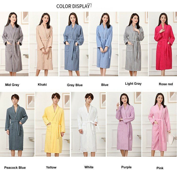 100% Cotton Couples Long Thick Absorbent Terry Bath Robe Kimono Men Light Weight Towel Bathrobe Sleepwear Women Hotel Gown Robes