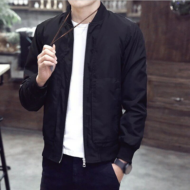 Giacca da uomo Casual nera sottile Slim Fit colletto alla coreana a maniche lunghe girocollo con cerniera cappotto Top Solid Business Fashion Men Jacket