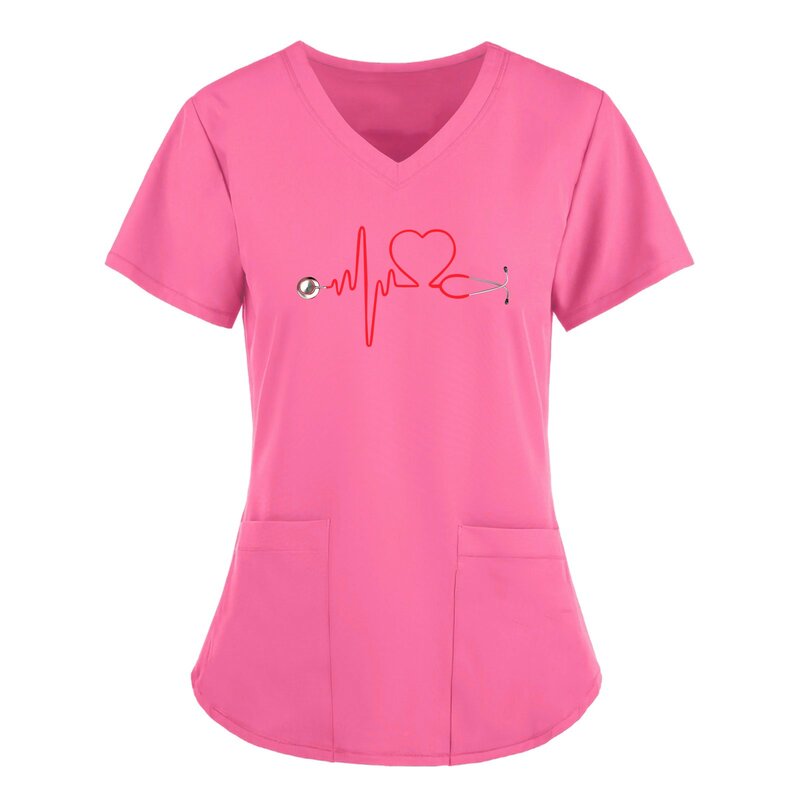 Newabbigliamento donna con motivo stetoscopio a maniche corte con scollo a v moda top smerigliato uniforme manica corta medico infermiere
