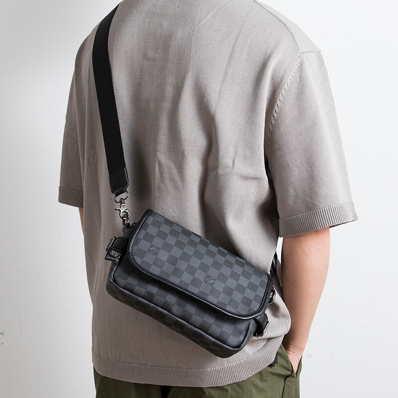 Japanese fashion checkerboard men's single shoulder bag business casual summer satchel pu leather-feeling square messenger bag