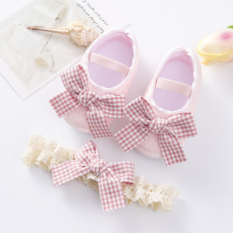 Zapatos de primeros pasos de algodón para recién nacidos, conjunto de zapatos para niñas pequeñas, diadema plana con lazo, suela suave, antideslizante