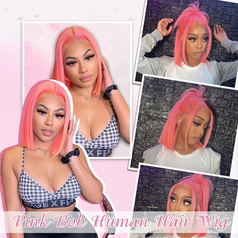 Peluca de cabello humano liso con encaje frontal para mujeres negras, pelo corto Bob rosa con densidad de 180, 13x4