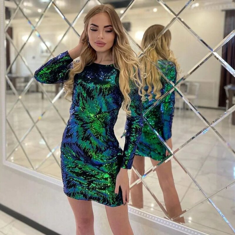 2024 New Women Sequins Sexy Bodycon Prom Dresses Long Sleeve Multi-Color Chic Female Clothing Fashion Lady Nightclub Short Dress