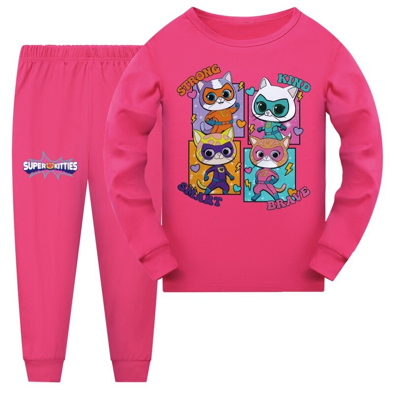 Superkitty kostium dla dzieci piżama z długim rękawem dziewczynki kreskówka Super koty spodnie koszulowe 2 sztuki zestawy maluch chłopięce Casaul Sleepwear