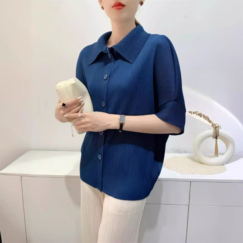Женский плиссированный топ миаке на пуговицах, модная Однотонная рубашка с отложным воротником и коротким рукавом, женская одежда на весну 2024
