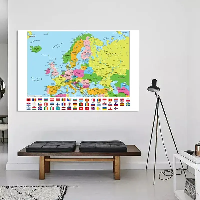 Póster de pared de vinilo para decoración del hogar, lienzo de pintura no tejido de 150x100cm con mapa política de Europa con banderas de países, suministros escolares