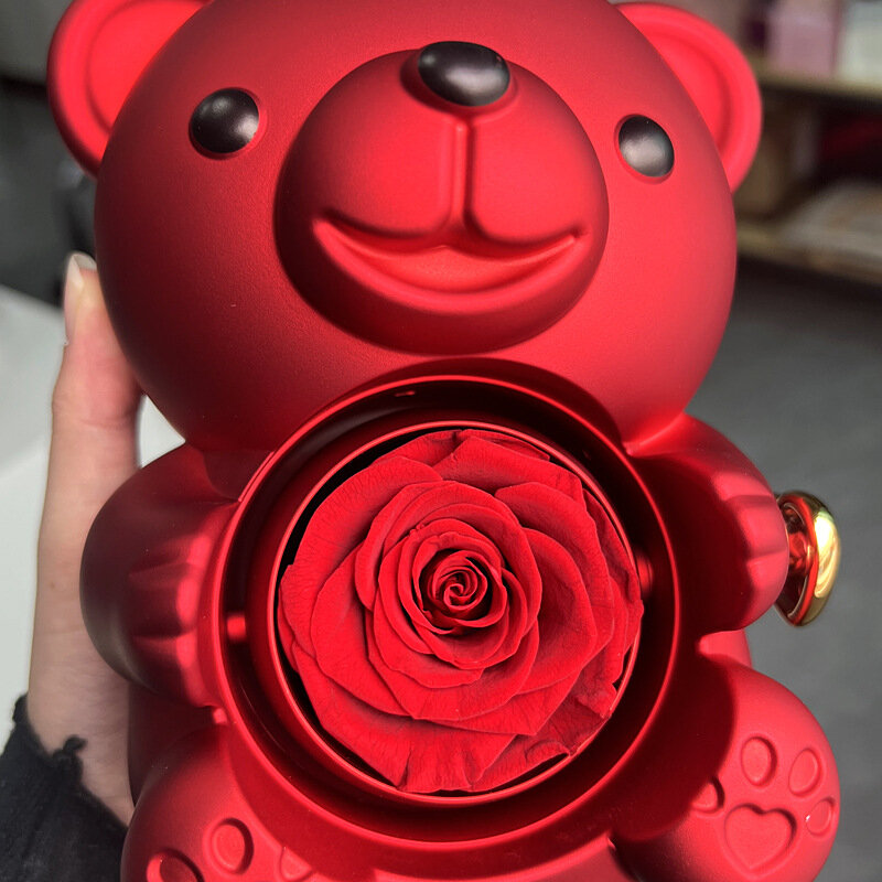 Pudełko na prezenty Eternal Rose Teddy Bear z naszyjnikiem Obróć różę Pudełko na biżuterię Walentynki Pudełko na prezenty ślubne dla kobiet Dziewczyna