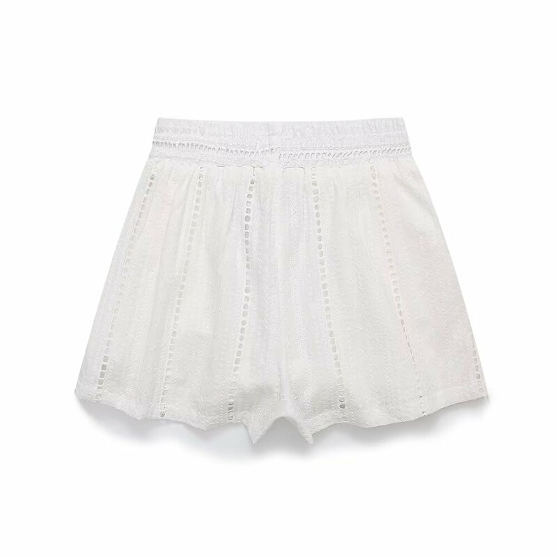 Women's 2024 New Fashion Openwork Embroidery Casual Side Pocket Shorts Retro High Elastic Waist Shorts Pantalones