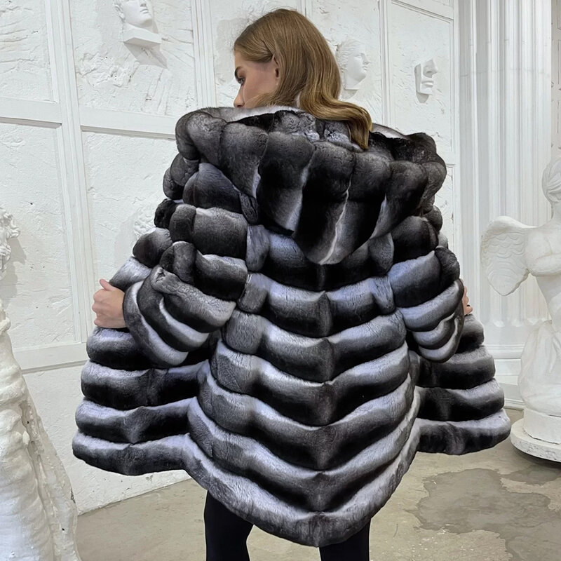 Mantel Bulu Kelinci Rex Alami Bulu Chinchilla dengan Kerah Jaket Musim Dingin Wanita Mantel Bulu Asli Jaket Wanita Bulu Hangat Baru