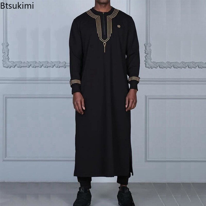 2024 New Arabic Robe Men's Muslim Fashion Abaya Dubai Turkey Long Sleeve O-neck Embroidered Kaftan Men Casual Party Jubba Thobe
