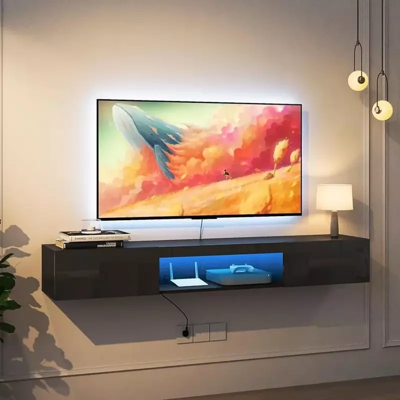 Bangku TV 70 "dipasang di dinding dengan lampu LED 16 warna dan 2 pintu, 63" konsol Media pusat hiburan Modern, HITAM