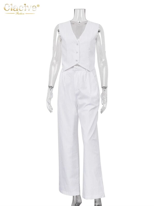 Clacive-女性用ツーピースホワイトリネンセット,ノースリーブTシャツ,ハイウエストのマッチング衣装,ワイドパンツ,2023コレクション