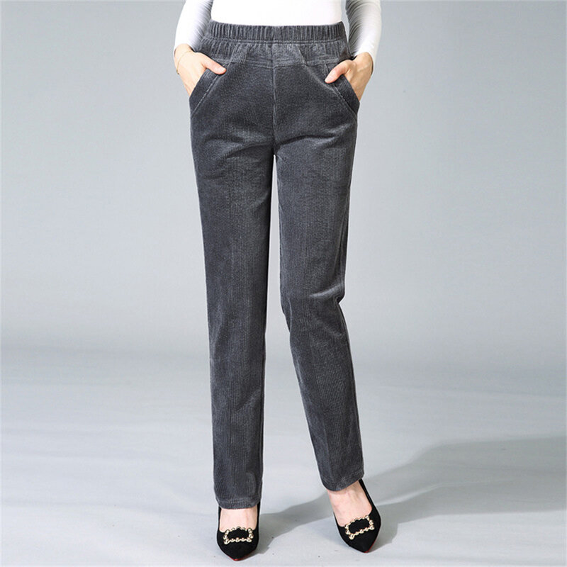 Damskie ciepłe spodnie zimowe kaszmirowe spodnie w stylu Vintage wąska talia dodają aksamitnej spodnie damskie w stylu Casual, gruba sztruksowych prostych spodni
