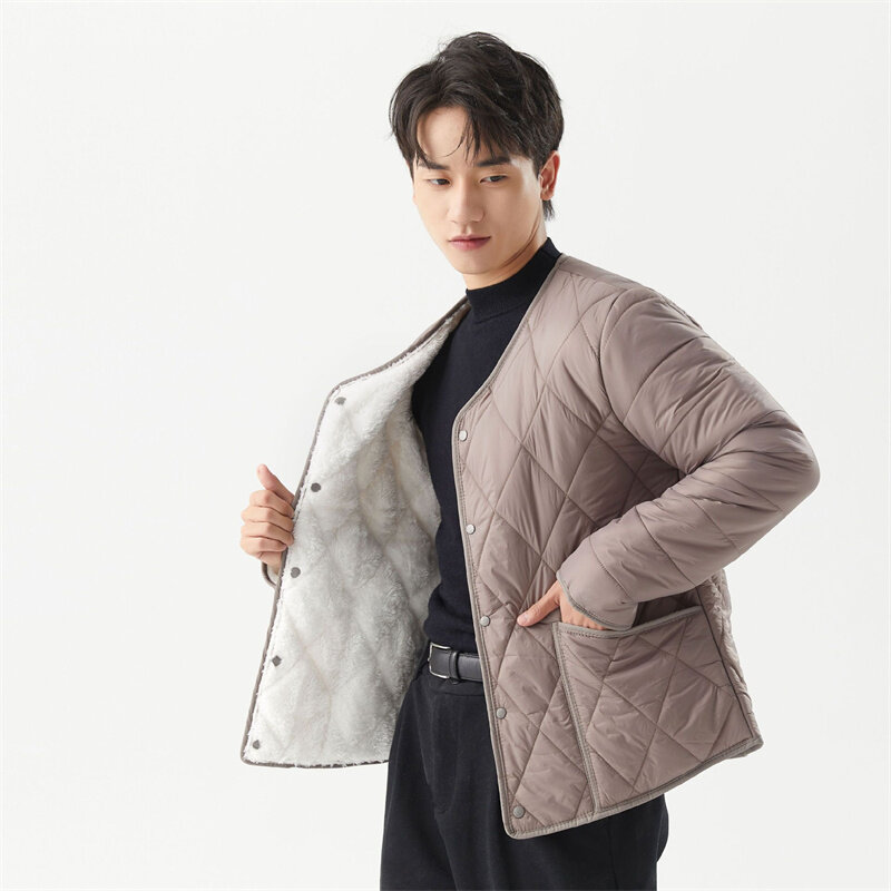 한국 남성용 V넥 양털 면 코트, 따뜻한 파카 면 재킷, 캐시미어 플러시, 두꺼운 다운 재킷, 2023 가을 겨울