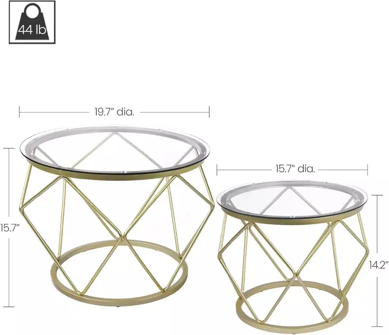 Gold Coffee Table, Round End Table Set of 2, Coffee Table with Metal Frame and Tempered Glass Top, Modern Accent Side Table