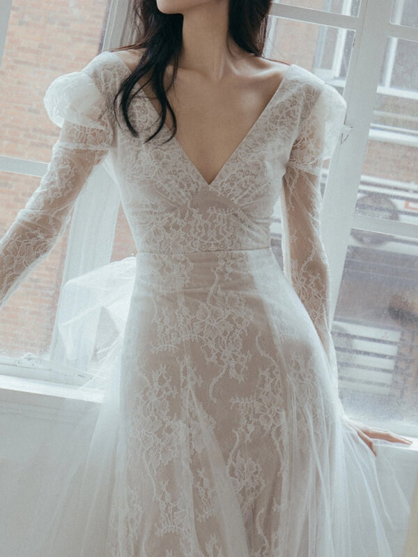 Sexy Deep V-neck Lace A-line Long Sleeve Wedding Dress 2024 Floor Length Sweep Train 웨딩드레스 vestidos de novia robe de mariée