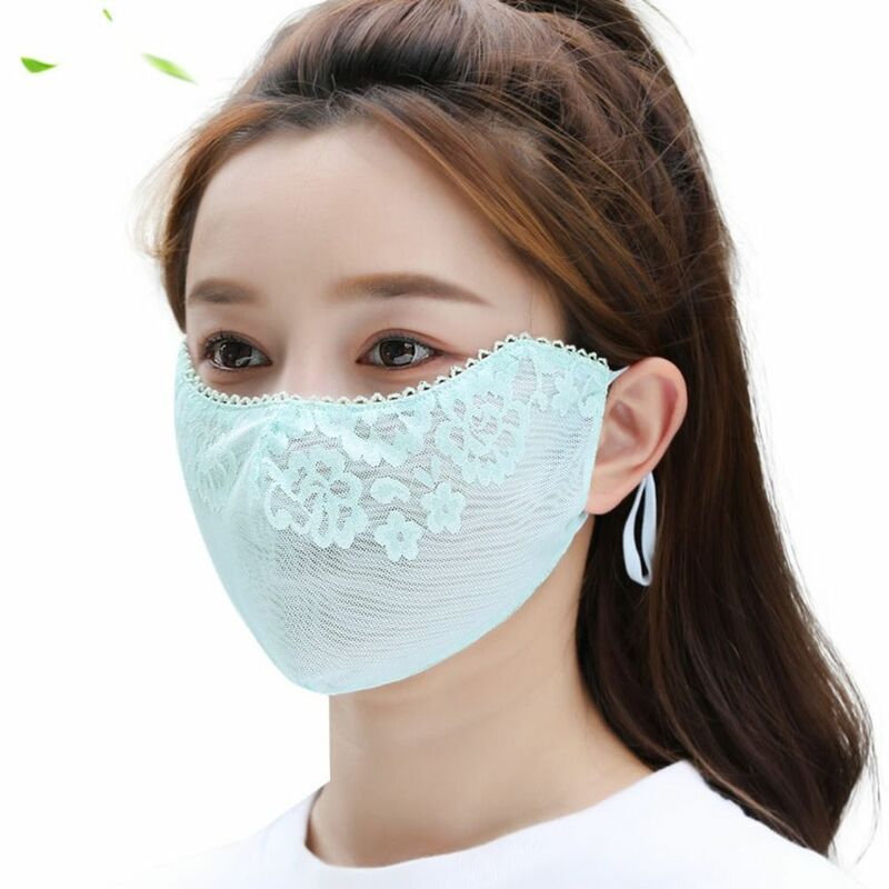 Flower Sunscreen Lace Mask, Monocromático, Orelha Pendurada, Capa Facial, Alça Ajustável, Respirável, Proteção UV, Caminhada, Rosto