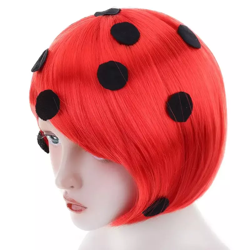 AICKER Short Bob Wig With Bangs Synthetic Wigs For Women Red Black Dot Ladybug Role Cosplay Natural Hair For Party Daily Use