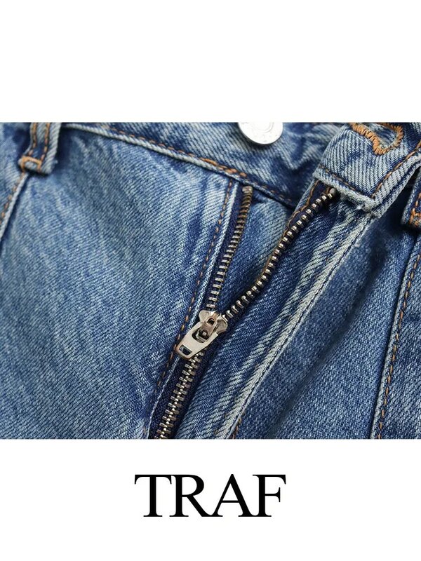 TRAF-Jean Cargo Taille Haute pour Femme, Pantalon en Denim, Jambes Larges, Mode Décontractée, Couleur Unie, Y2K, Automne 2023