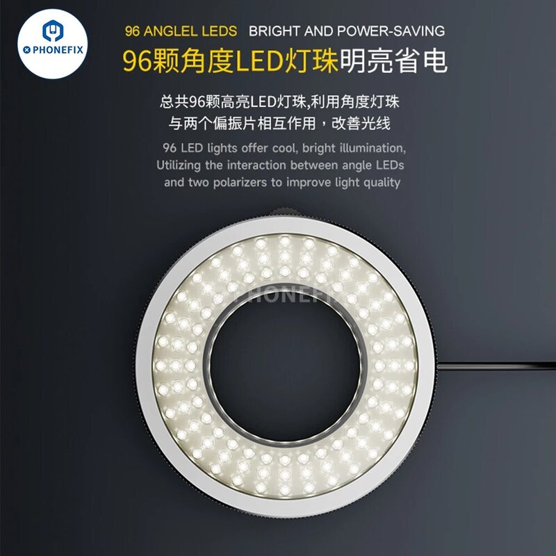 IFixes 현미경 편광 96 LED 링 라이트 눈부심 방지 현미경 램프 조명기, 납땜 수리 산업용 카메라, iL37