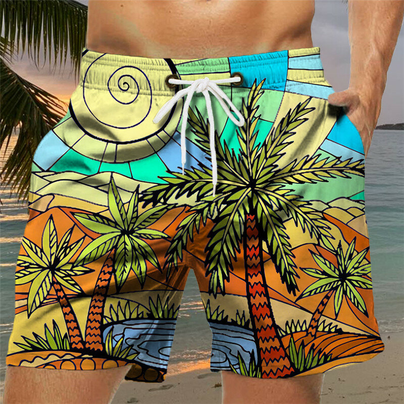 Men's Loose Beach Shorts Drawstring Quick Dry Coconut Tree Shorts For Summer Women Men 3D Print Casual Oversized Sport Shorts