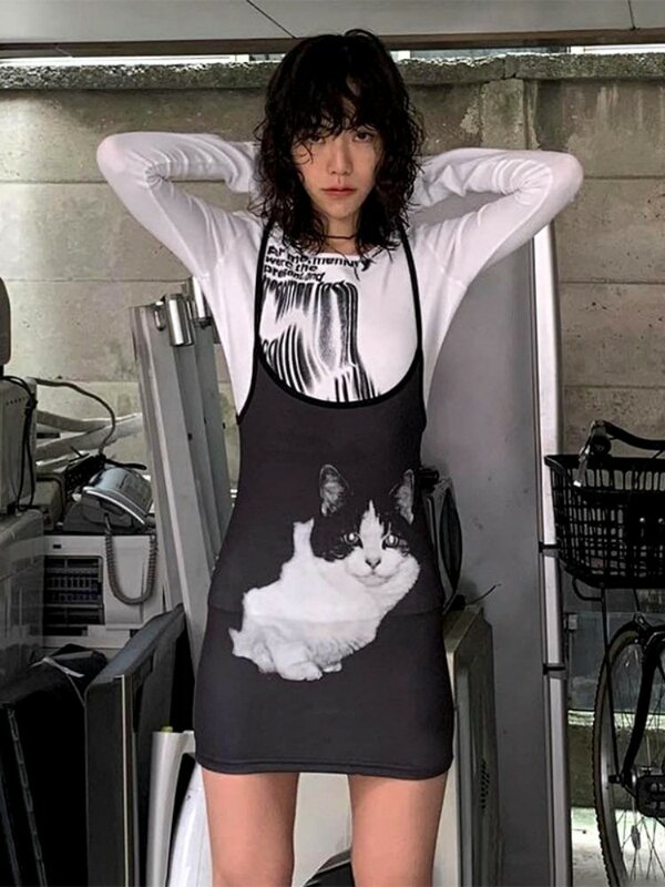 FibBlack-Robe à imprimé chaton pour femmes, mini vêtements, vêtements d'été maigres, streetwear sexy, mode, Y2k