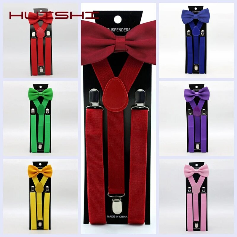 Huiishi masculino suspensórios laço conjunto jeans poliéster 43 colorido sólido y-back cintas borboleta laço ajustável para homem suspender