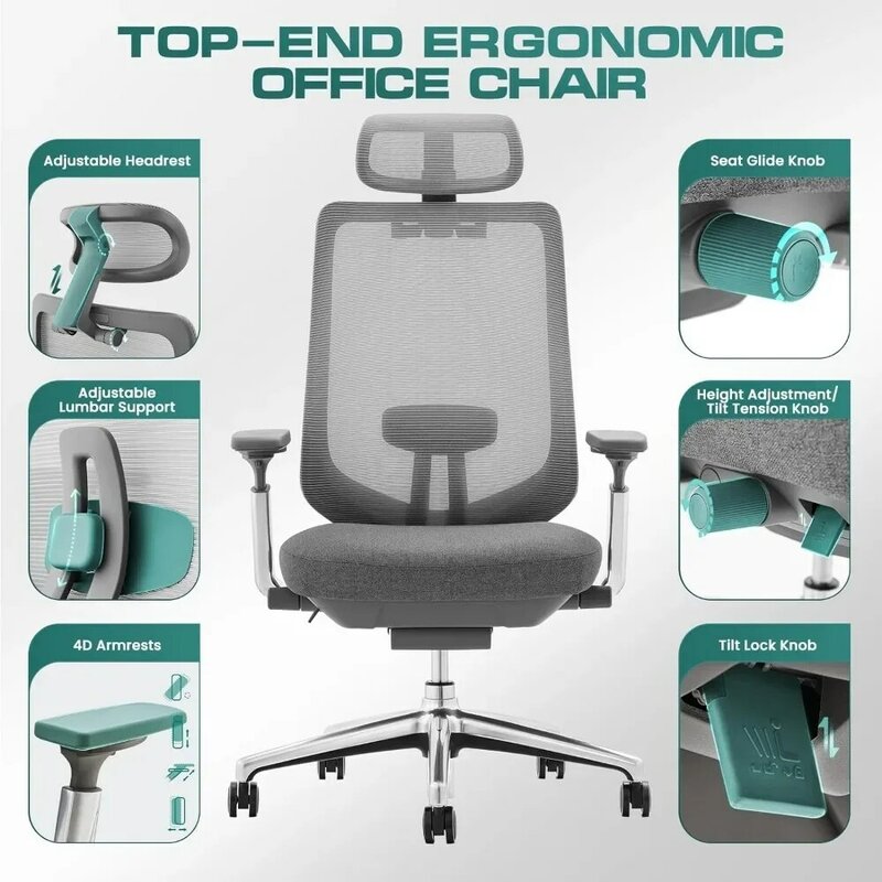 Silla ergonómica de oficina de malla, respaldo alto, reposacabezas ajustable, reposabrazos 4D, asiento deslizante, gris oscuro
