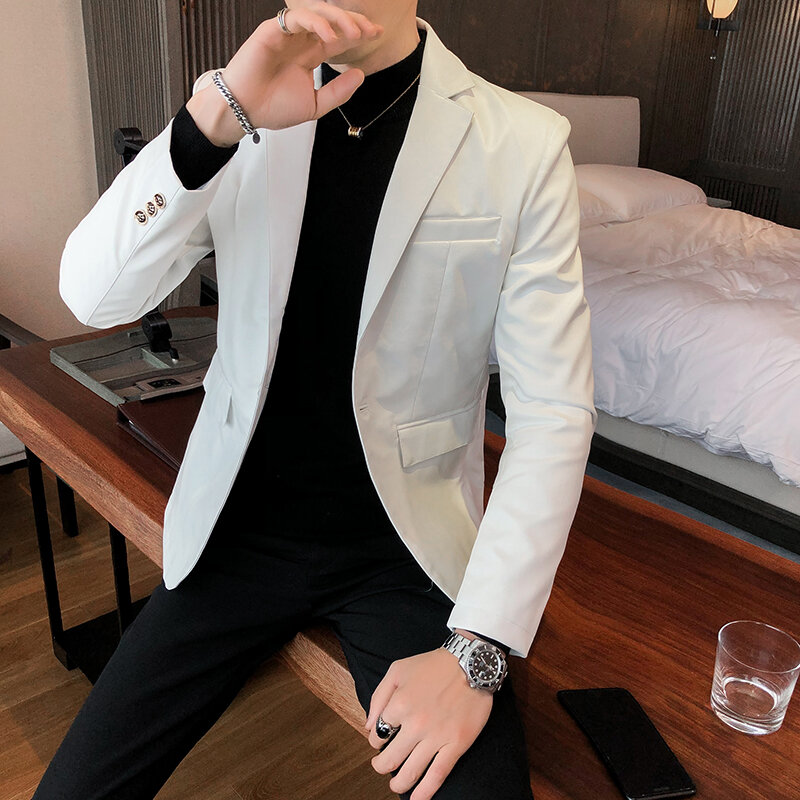 Men's business luxury suit jacket fashionable leather suit set jacket slim fit texture high-quality suit collar leather jacket