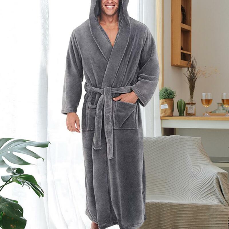 Pakaian mandi pria, sabuk saku lengan panjang warna Solid, pakaian tidur santai musim dingin hangat berkerudung panjang bulu karang, gaun rumah pakaian tidur