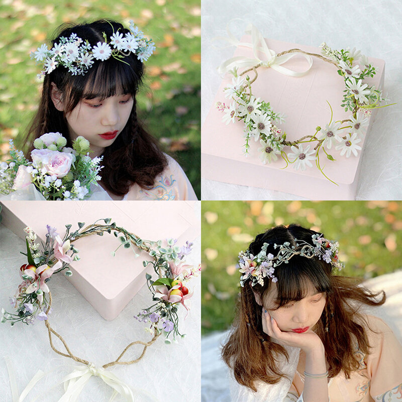 Wedding Floral Garland Headband Bride Flower Crown Bohemian Faux Rose Wedding Wreaths Braided Hair Vine Headpiece Hair Ornament