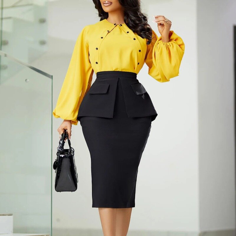 Elegante conjunto de 2 piezas de falda para mujer, camisa de manga larga con botones, Tops de lápiz, Bolsillos falsos, trajes de oficina para mujer, ropa de trabajo de otoño