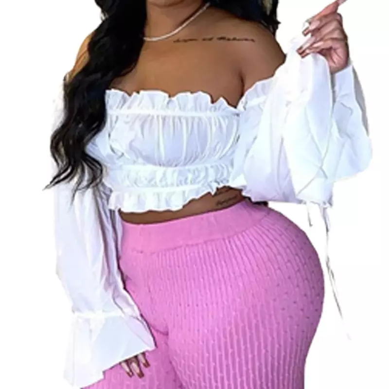 Women's 2023 Summer New Off Shoulder Pleated Chiffon Sweater Pullover Top