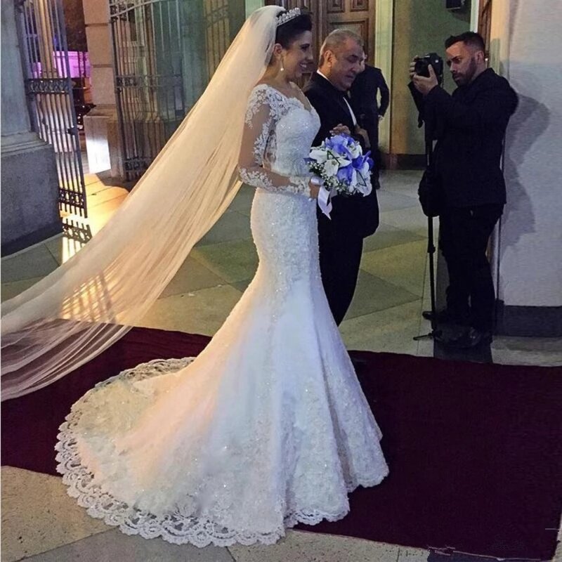 Elegant V Neck Backless Mermaid Wedding Dress Lace Long Sleeves Appliques Floor Length Tulle Bridal Gown Vestido De Novia