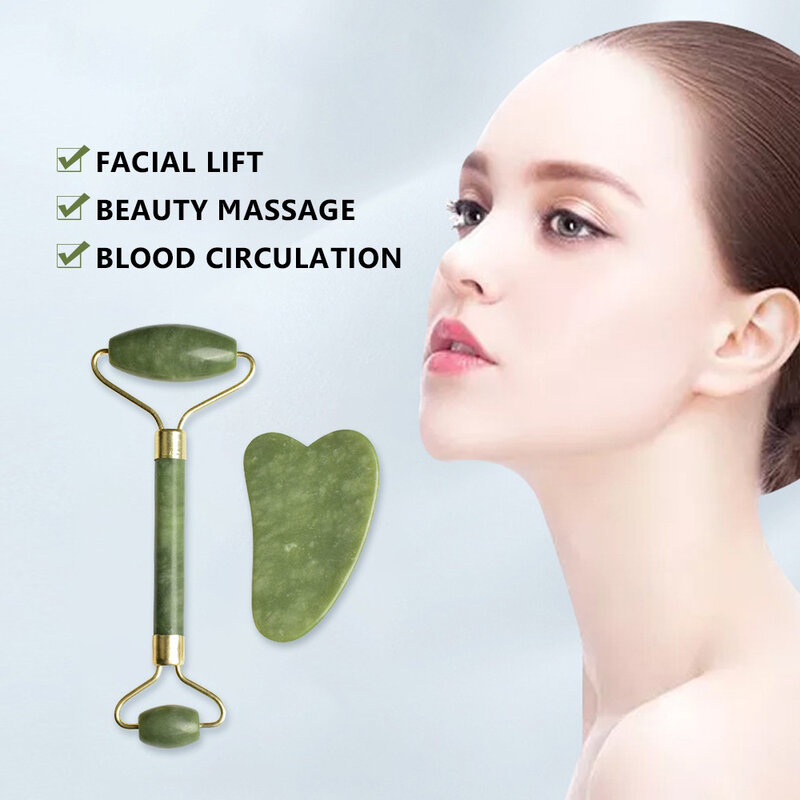 New Anti Aging Jade Stone Massage Set Gua Sha Rose Quartz Jade Face Roller