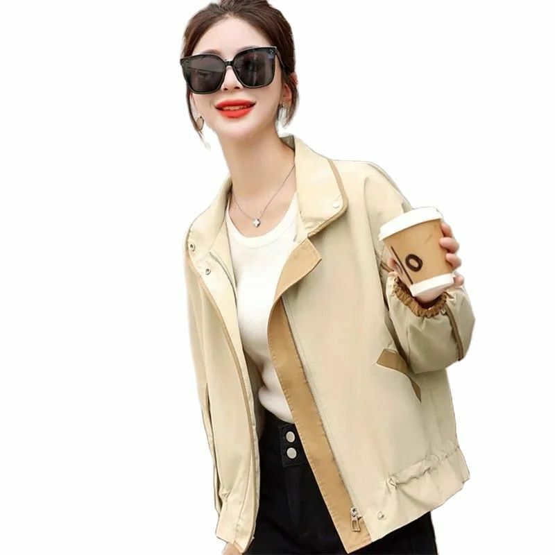 Jaket kardigan pendek gaya Korea wanita, jaket atasan kasual kerah Lapel longgar temperamen kontras mode baru 2024