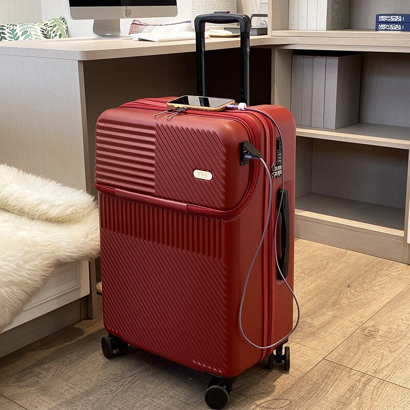 Nowy otwór z przodu walizka na pokład mężczyźni kobiety 20/24/26 cala lekki wózek bagaż podróżny moda USB ładowanie bagażu
