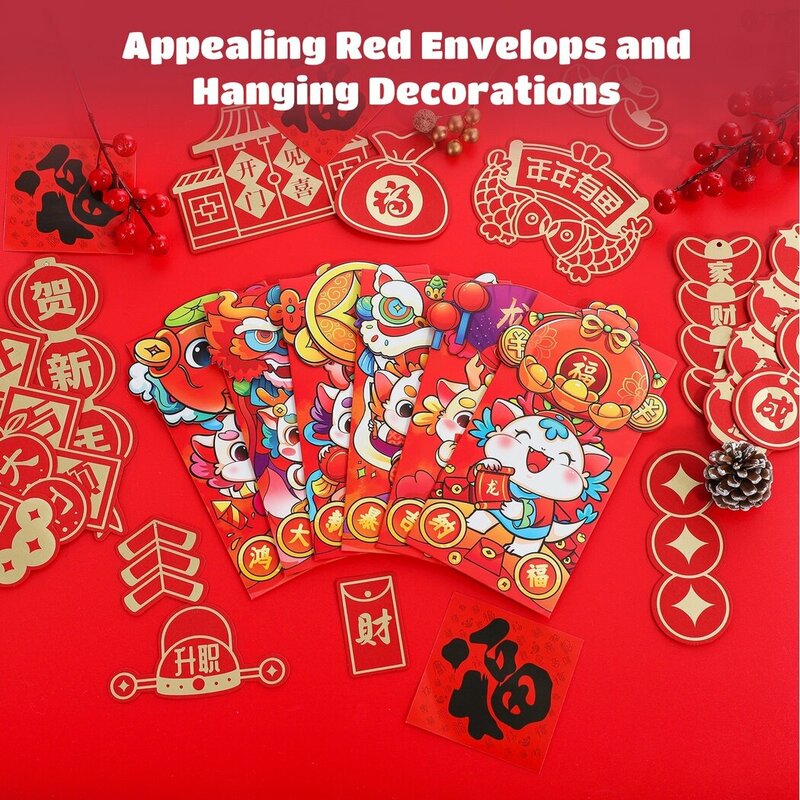 47Pcs 2024 Chinese New Year Decor Spring Festival Chinese Couplets Kit Dragon Chunjie Chunlian Fu Hanging Garland Red Envelopes