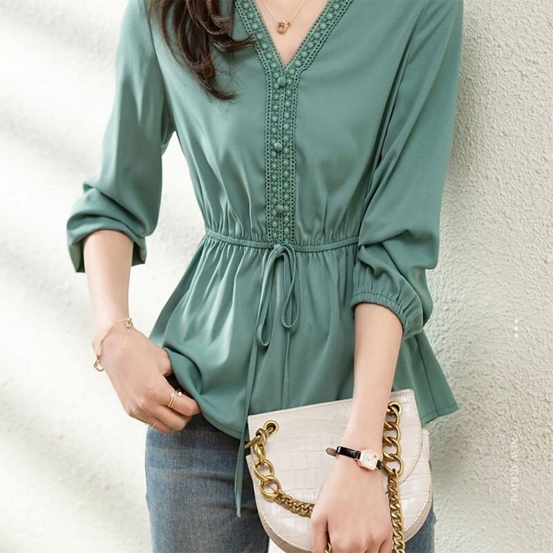 Camisa con cordones en la cintura para mujer, blusa de manga larga con cuello en v empalmado, botones coreanos, Color sólido, elegante, nueva moda de primavera