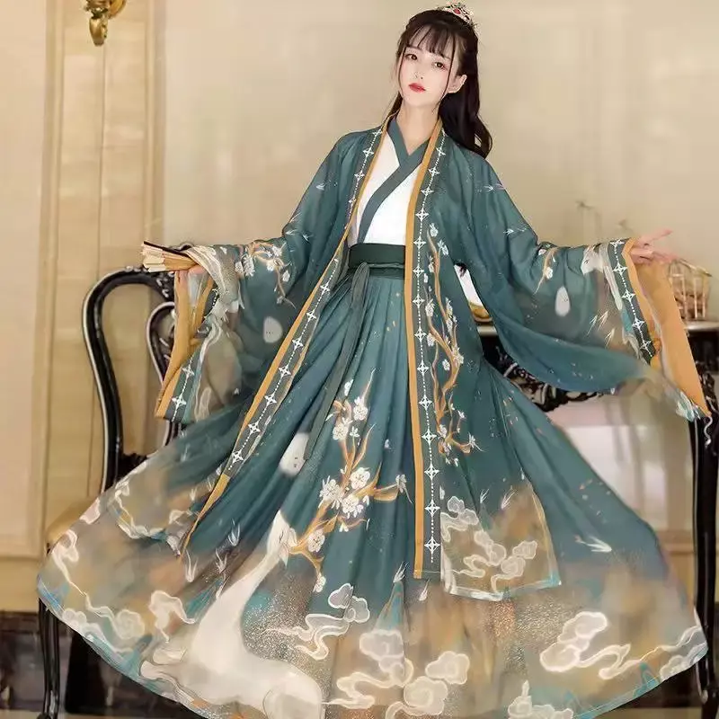 Chinese Hanfu Women's Style Jin Made 3-piece Cross Collar Waist Skirt Dance Dress Fairy Graduation Dress