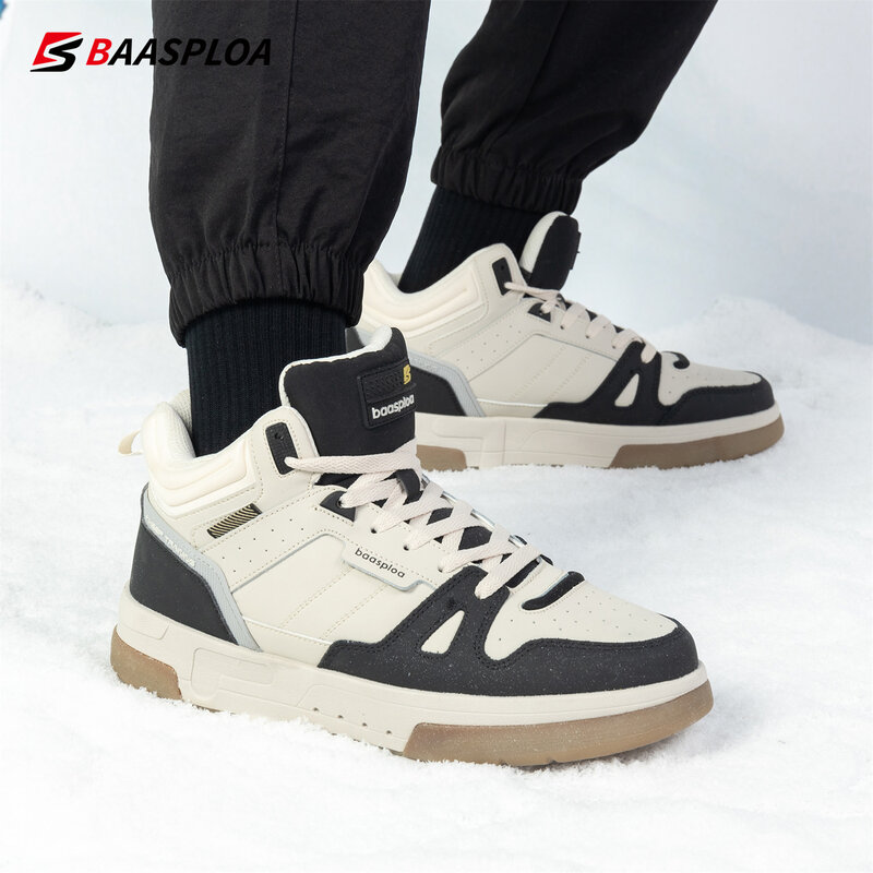 Baasploa Men Winter Sneakers Casual Skateboard Shoes for Men Waterproof Plush Warm Cotton Shoes Non-Slip Outdoor Male Sneakers