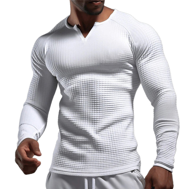 Top informal de gofres acanalado para hombre, camiseta de manga larga de alta calidad, ajustada, de poliéster, Color sólido