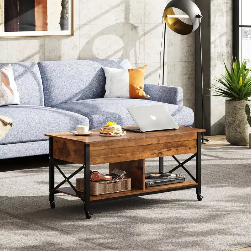 Couch tisch für Wohnzimmer, Couch tisch mit Stauraum, verstecktem Fach und Metallrahmen, zentraler Tisch mit 4 Rollen