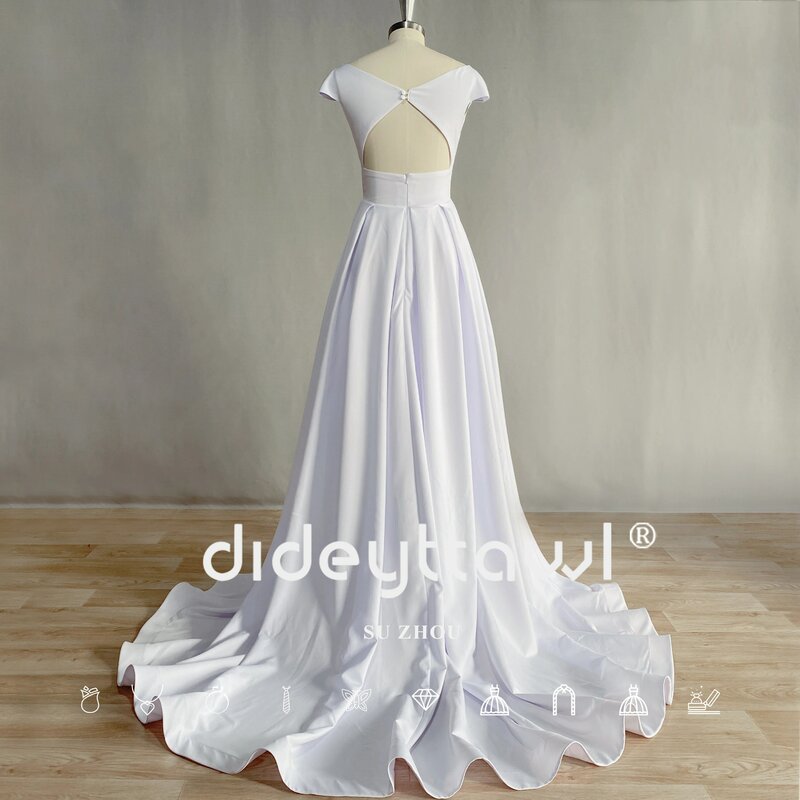 Dideyttawl Cap Sleeves Elegant Wedding Dress For Bride 2023 Plain Simple Open Back High Side Slit V Neck Bridal Gown